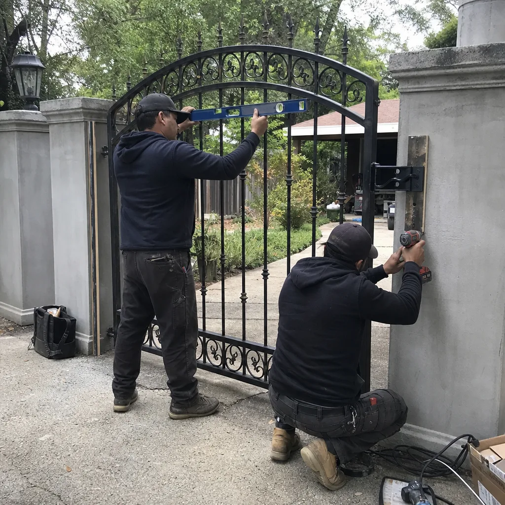 Professional technicians performing custom metal gate installation and mounting