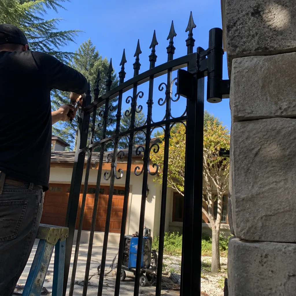 Professional technician performing expert wrought iron gate installation and repair