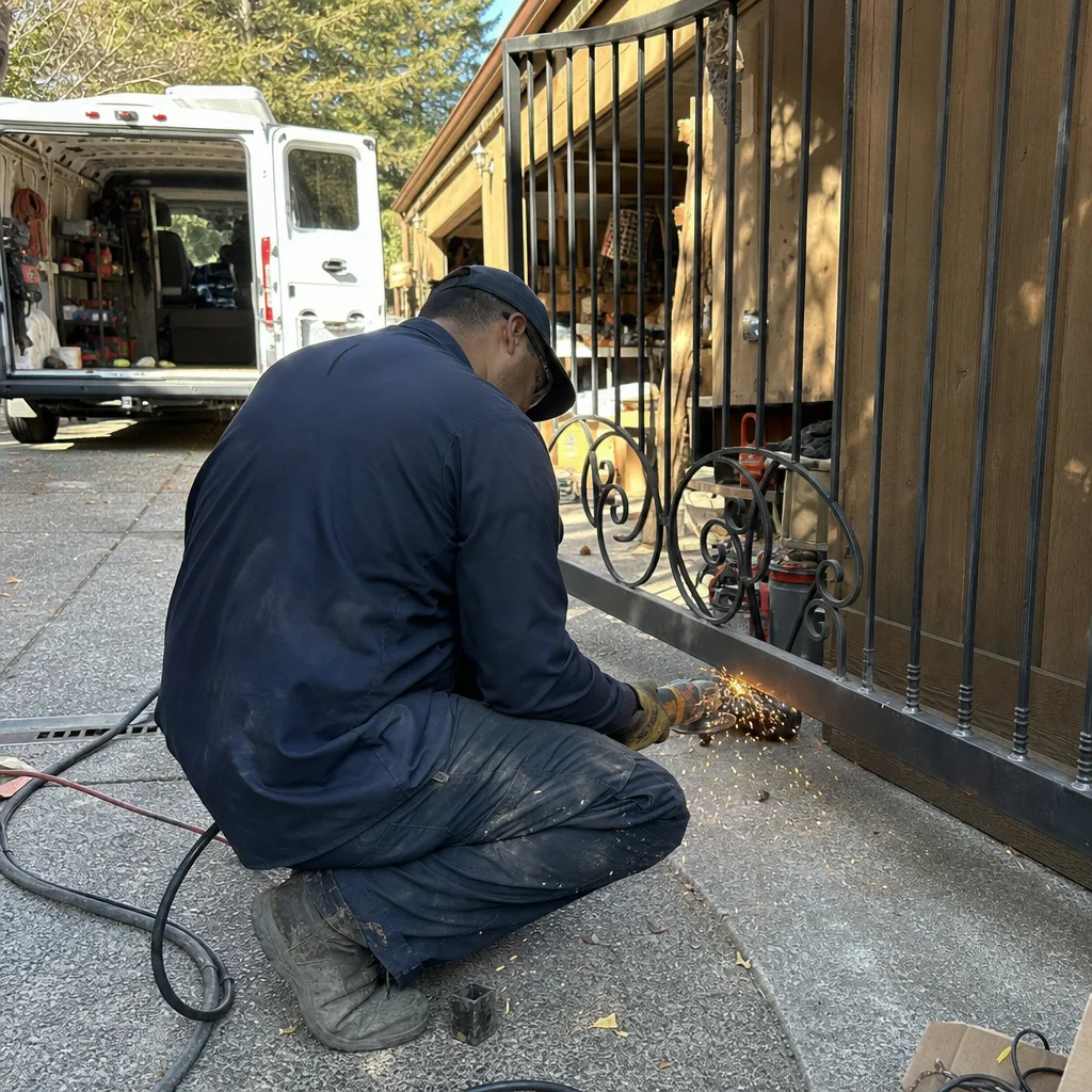 Professional technician using a power tool to repair a metal driveway gate